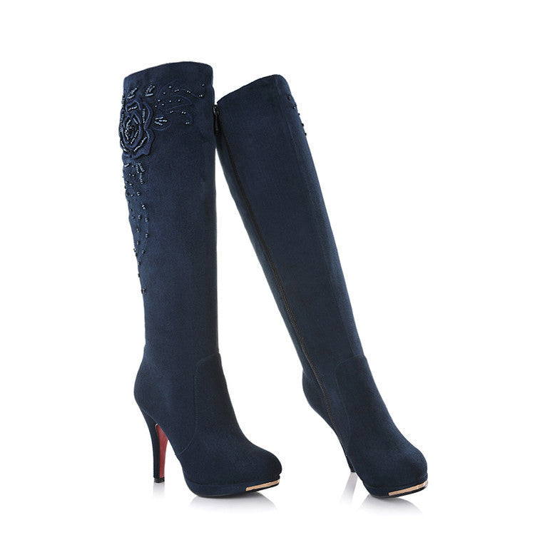 Stylish Women's Embroidered Knee-High Boots with Beaded Flowers