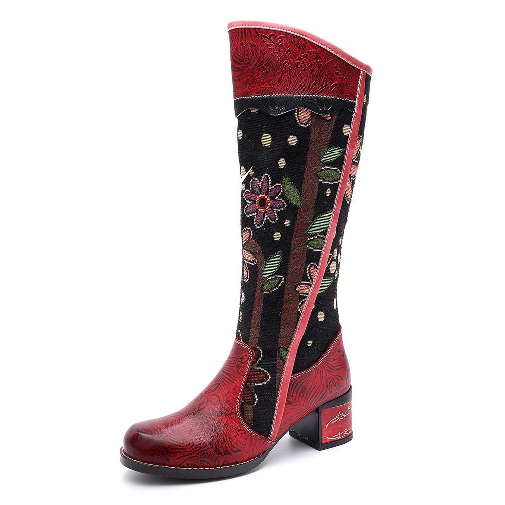 Women's Embroidered Chunky Heel Knee-High Boots