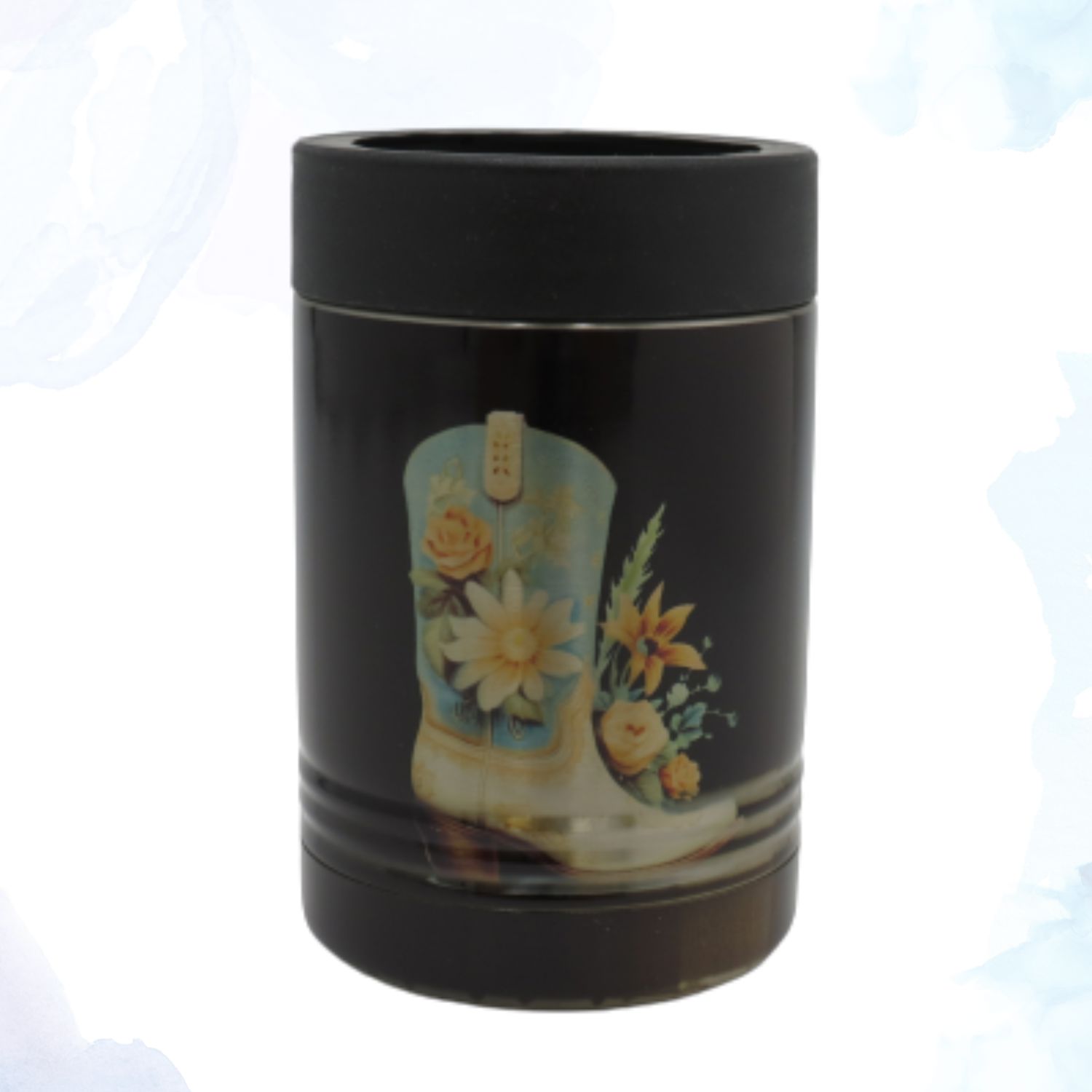 Western-Inspired Stainless Steel Can Koozie with Boots & Flowers