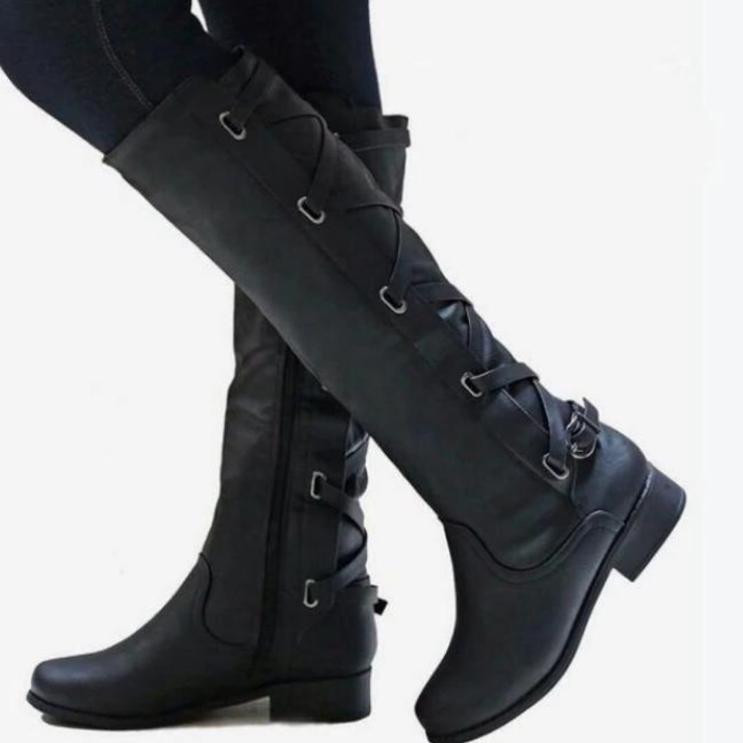 Stylish Knee-High Boots with Unique Strap Design