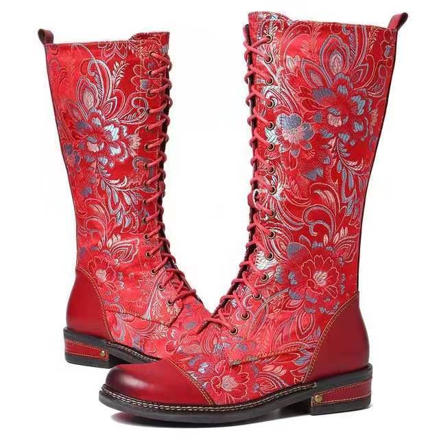 Women's Fashionable Retro Flower Lace-Up Boots