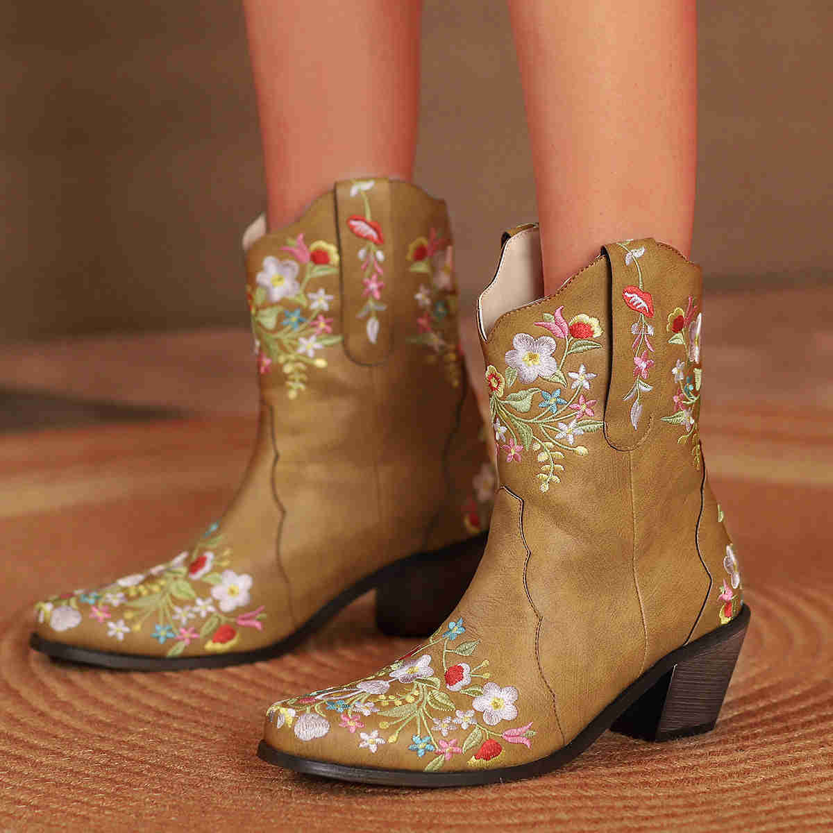 Stylish Women's Brown Embroidered Chunky Heel Boots