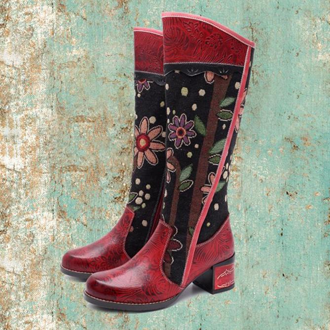 Women's Embroidered Chunky Heel Knee-High Boots
