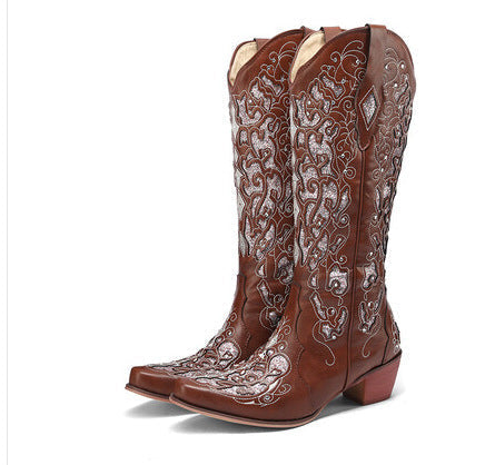 Glamorous Women's Rhinestone Knee-High Boots with Chunky Heel