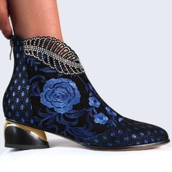 Stylish Women's Embroidered Block Heel Ankle Boots