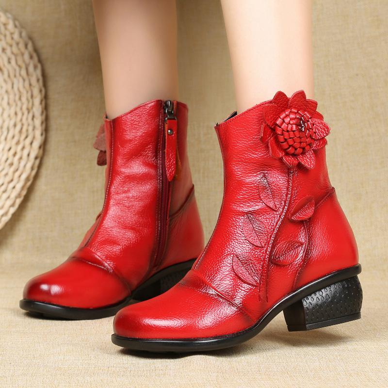Women's Trendy Block Heel Ankle Boots with Flower Decor