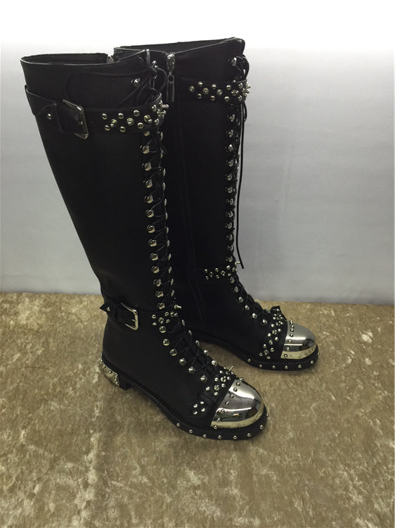 Addiex Schnoor Black Flower Print Leather Punk Boots with Hardware