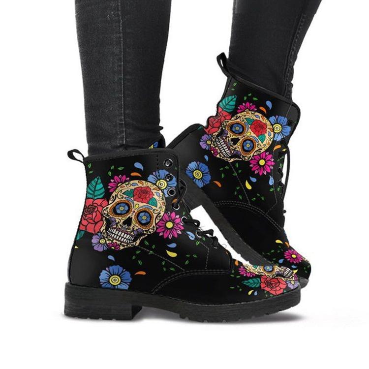 Stylish Women's Flower Skull Print Lace-Up Boots