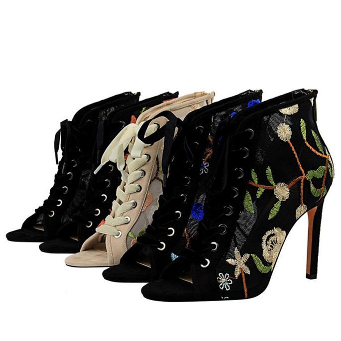 Stylish Women's Embroidered Lace-Up High Heel Boots