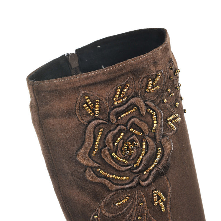 Stylish Women's Embroidered Knee-High Boots with Beaded Flowers