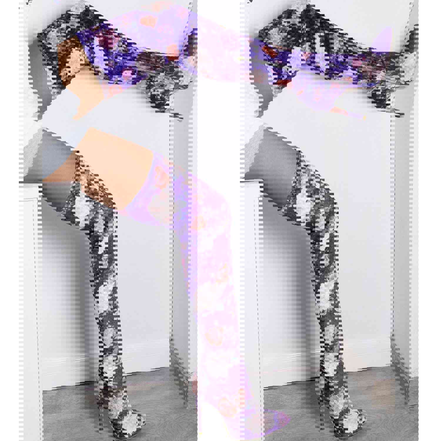 Elegant Women's High Heel Thigh High Boots with Ethnic Flower Print
