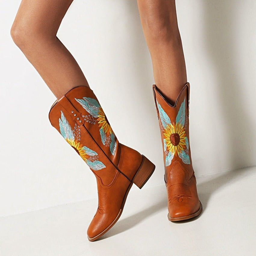 Stylish Women's Embroidered Mid-Calf Boots with Chunky Heel