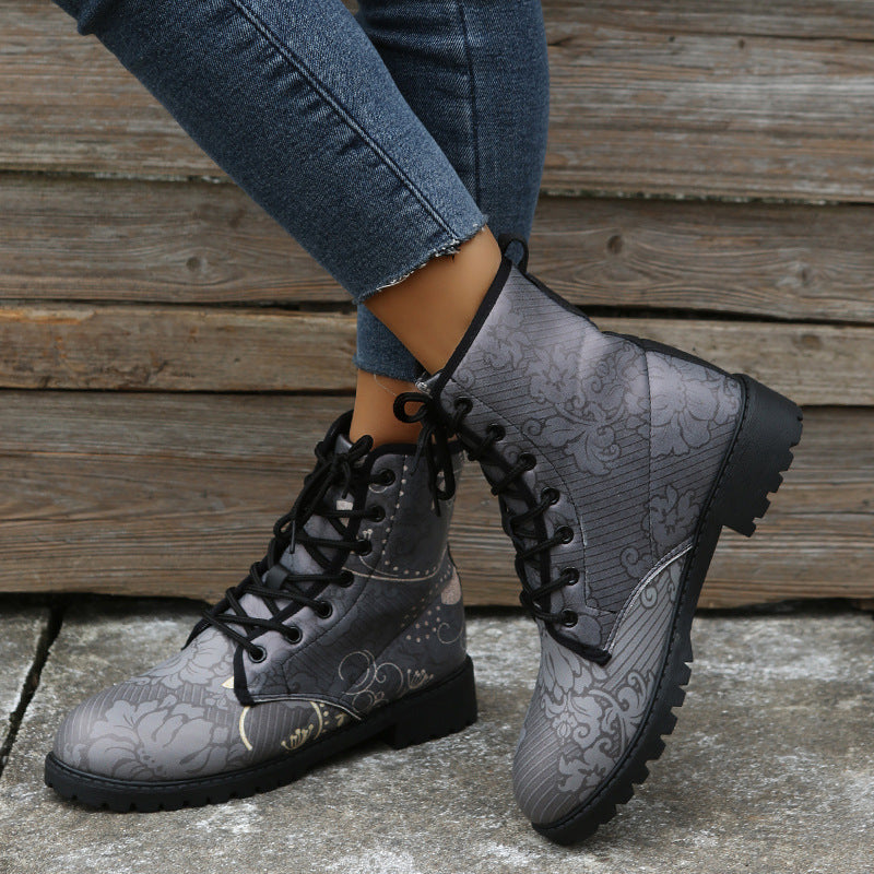 Women's Floral Ankle Boots with Low Chunky Heel