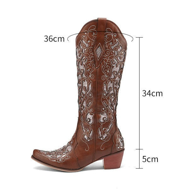 Glamorous Women's Rhinestone Knee-High Boots with Chunky Heel