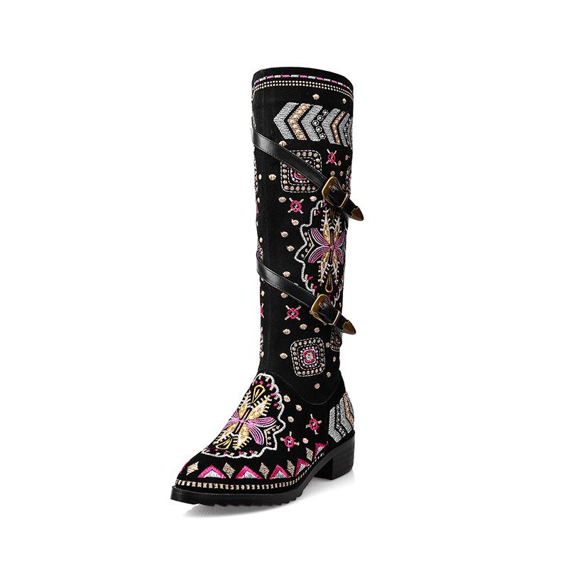 Stylish Women's Embroidered Mid-Calf Boots with Chunky Heel