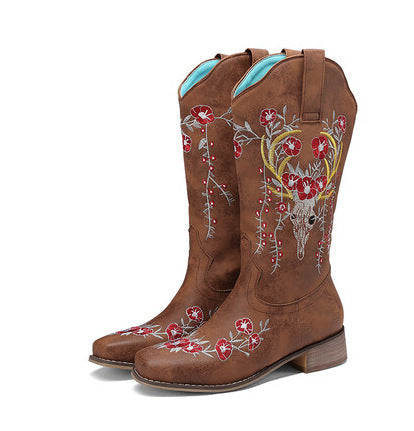Elegant Women's Embroidered Mid Calf Boots with Chunky Heel