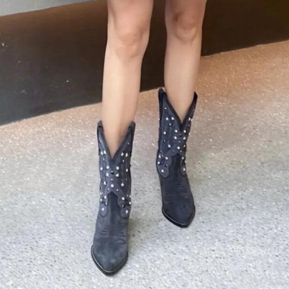 Women's Embellished Mid-Calf Cowboy Boots with Chunky Heel