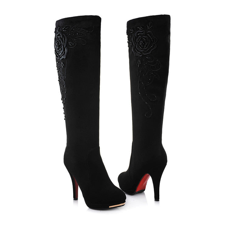Stylish Women's Embroidered Knee-High Boots with Beaded Flowers