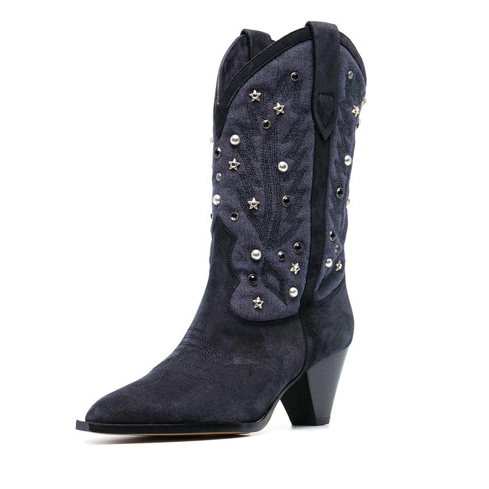 Women's Embellished Mid-Calf Cowboy Boots with Chunky Heel