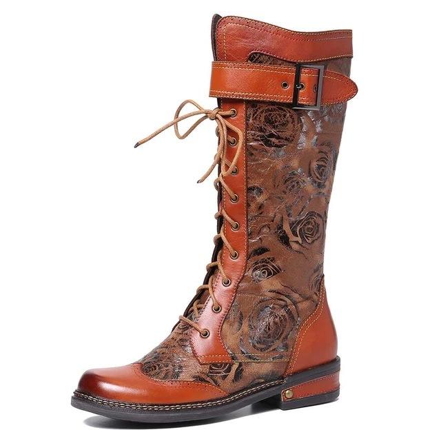 Women's Vintage Floral Buckle Mid-Calf Boots