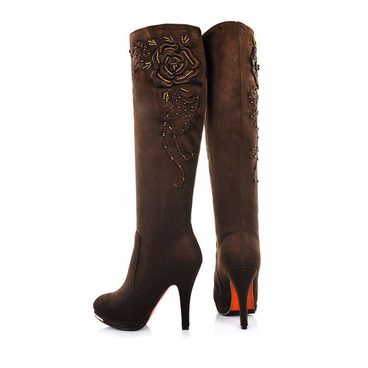 Stylish Women's Embroidered Knee-High Boots with Beaded Flowers