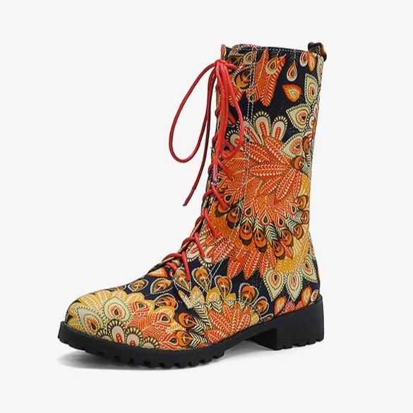 Stylish Women's Embroidered Lace-Up Chunky Heel Boots