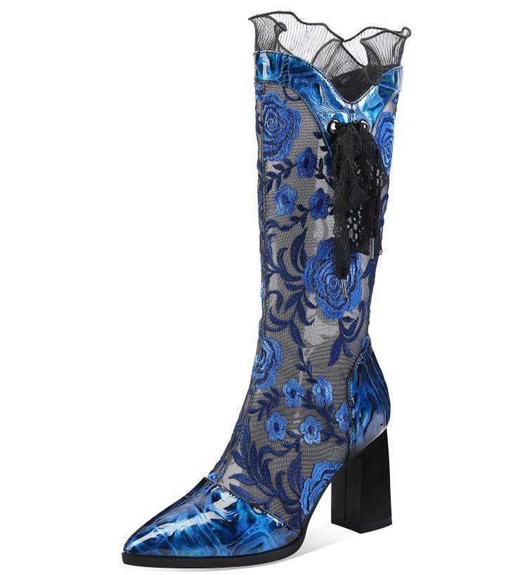 Stylish Women's Embroidered Mesh Block Heel Mid-Calf Boots