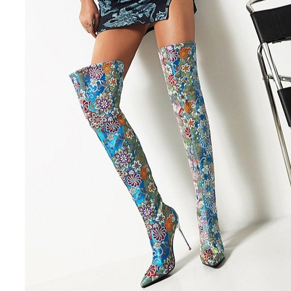 Stylish Women's Embroidered Over-the-Knee Stiletto Boots