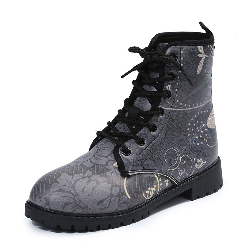 Women's Floral Ankle Boots with Low Chunky Heel