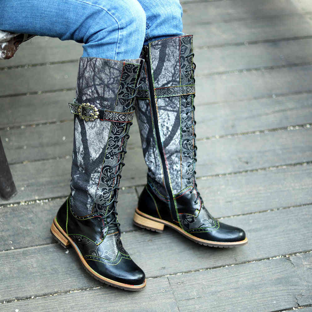 Women's Black Embossed Leather Knee-High Motorcycle Boots
