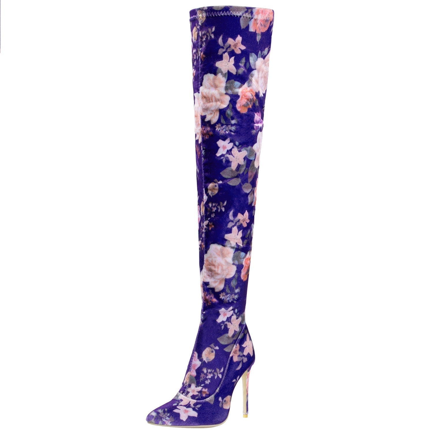Elegant Women's High Heel Thigh High Boots with Ethnic Flower Print