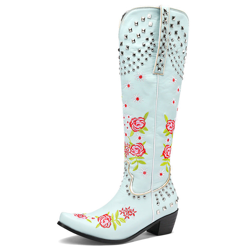 Stylish Women's Embroidered Knee-High Boots with Chunky Heel