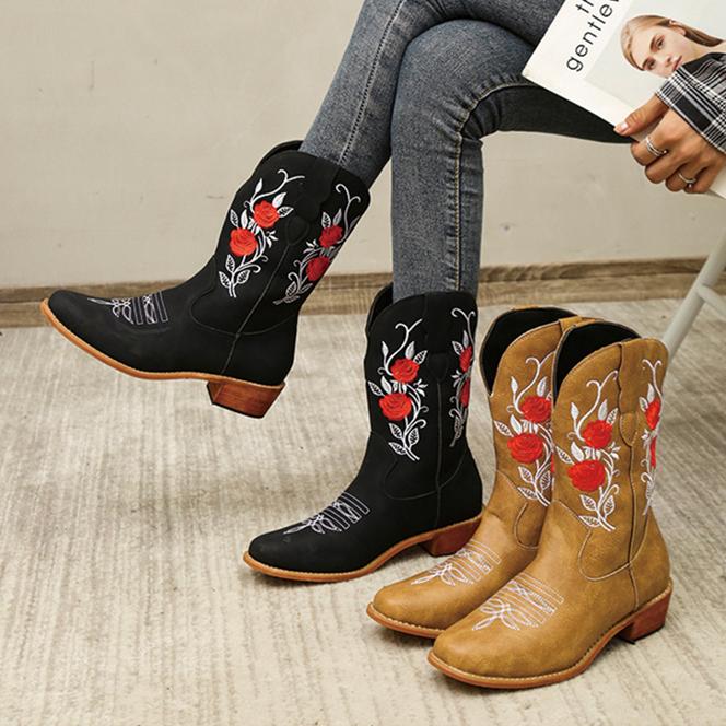 Stylish Women's Embroidered Mid Calf Boots with Chunky Heel