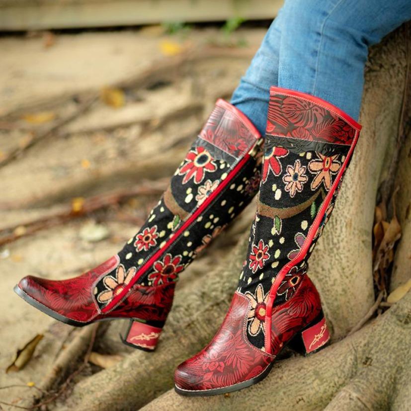 Women's Embroidered Chunky Heel Knee-High Boots