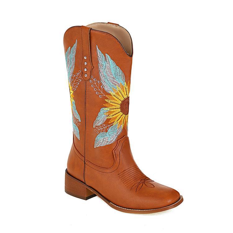 Stylish Women's Embroidered Mid-Calf Boots with Chunky Heel