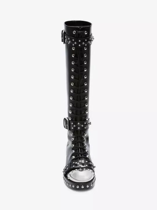 Addiex Schnoor Black Flower Print Leather Punk Boots with Hardware