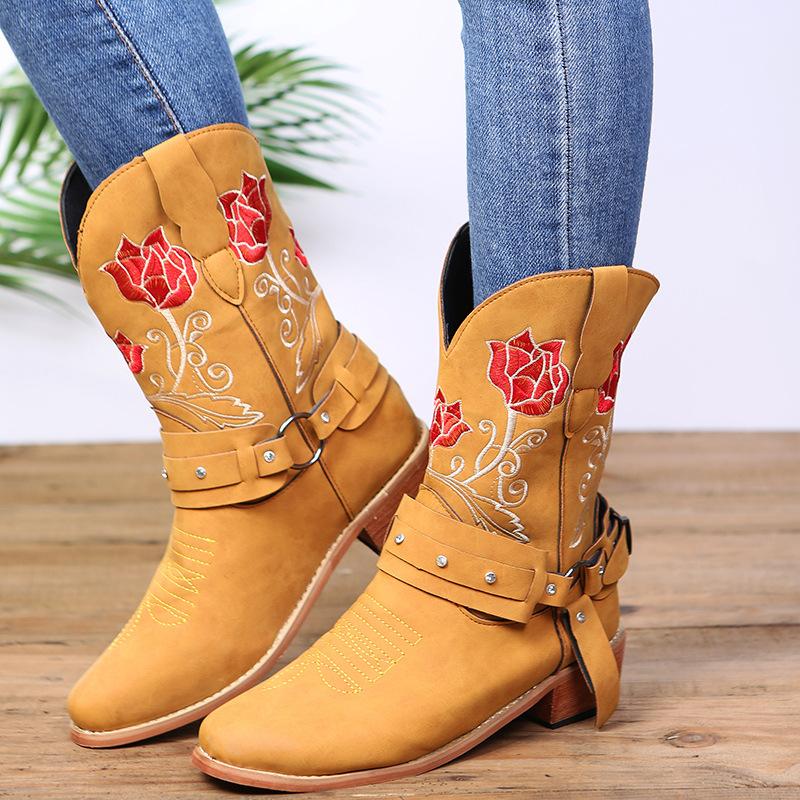 Women's Yellow Embroidered Buckle Ankle Boots
