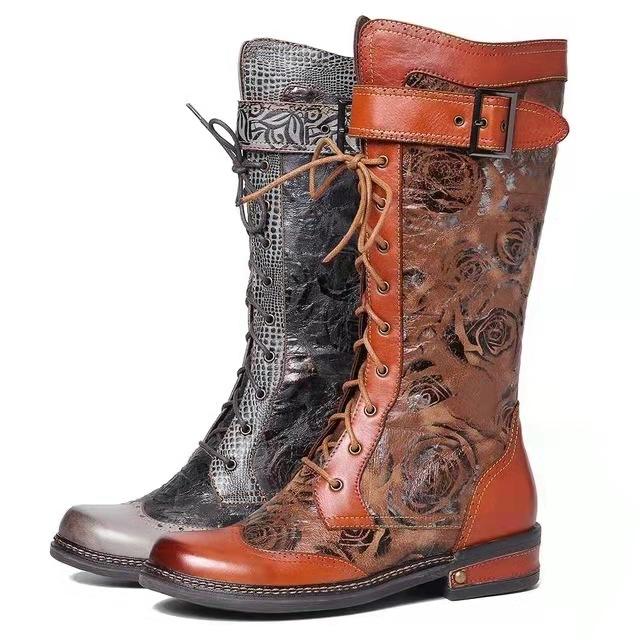 Women's Vintage Floral Buckle Mid-Calf Boots