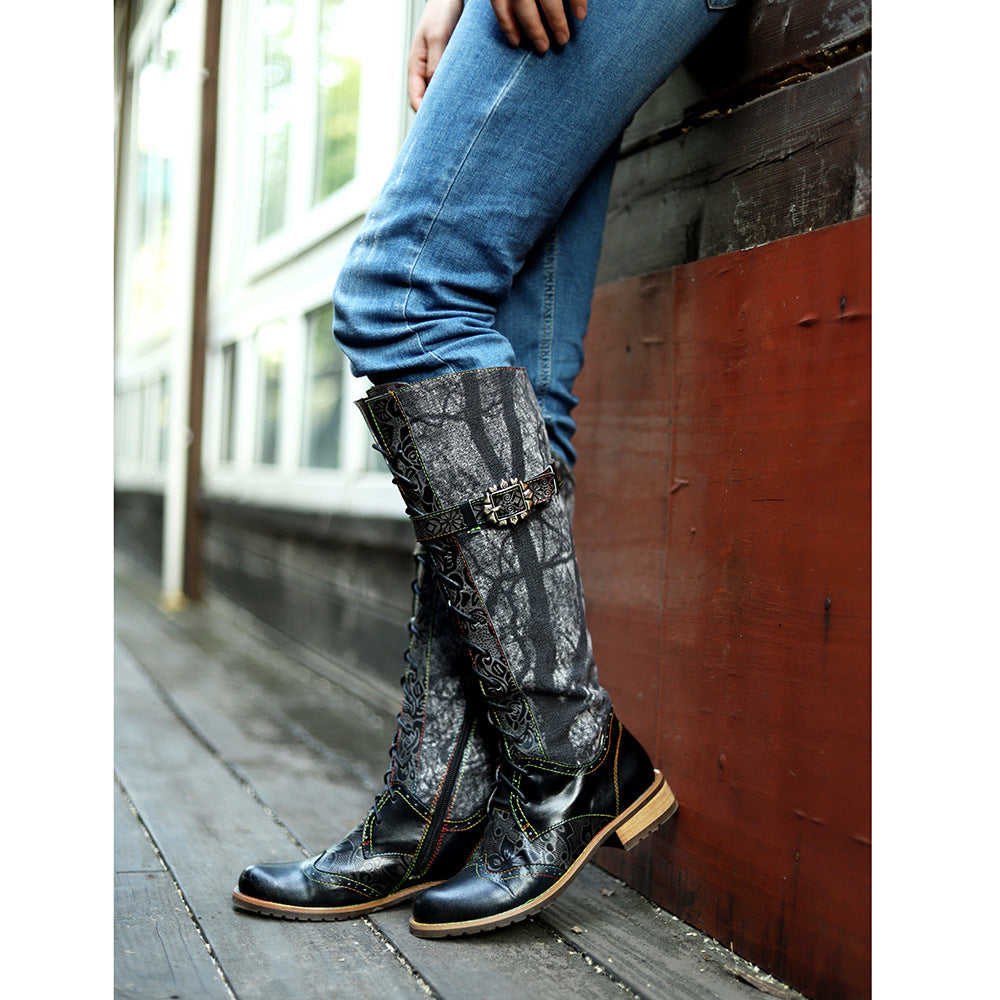 Women's Black Embossed Leather Knee-High Motorcycle Boots