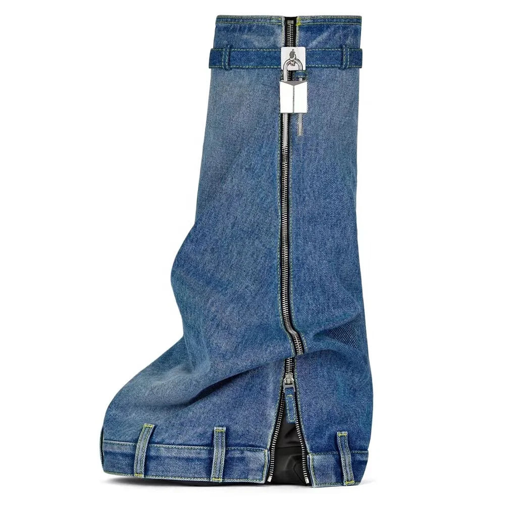 Stylish Women's Winter Denim Boots with Shark Lock and Side Zipper