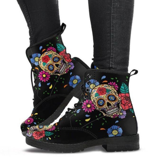 Stylish Women's Flower Skull Print Lace-Up Boots