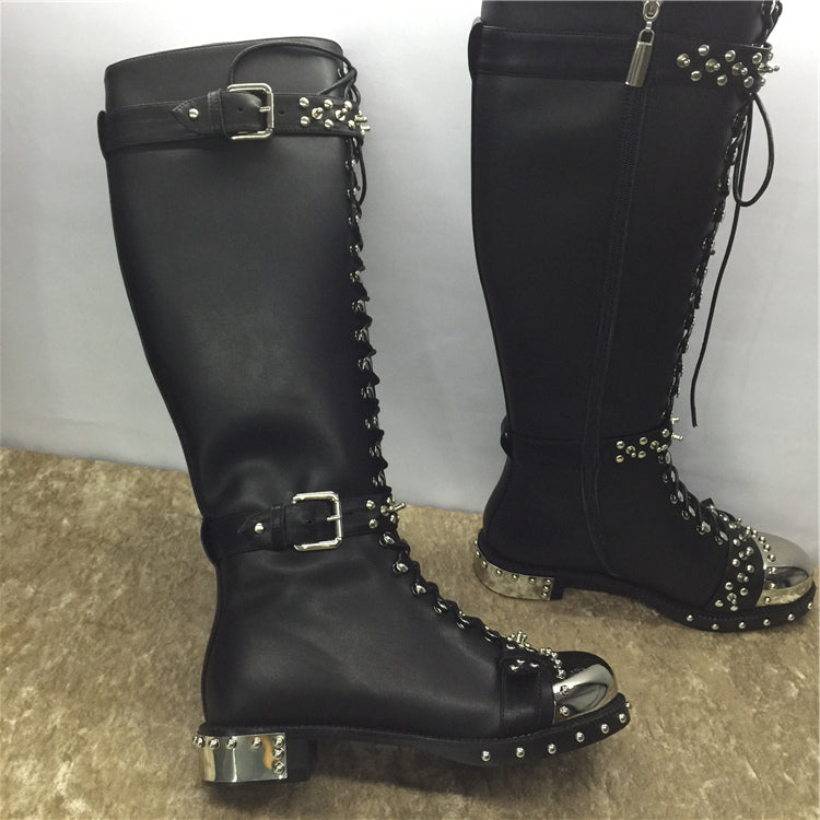 Addiex Schnoor Black Flower Print Leather Punk Boots with Hardware