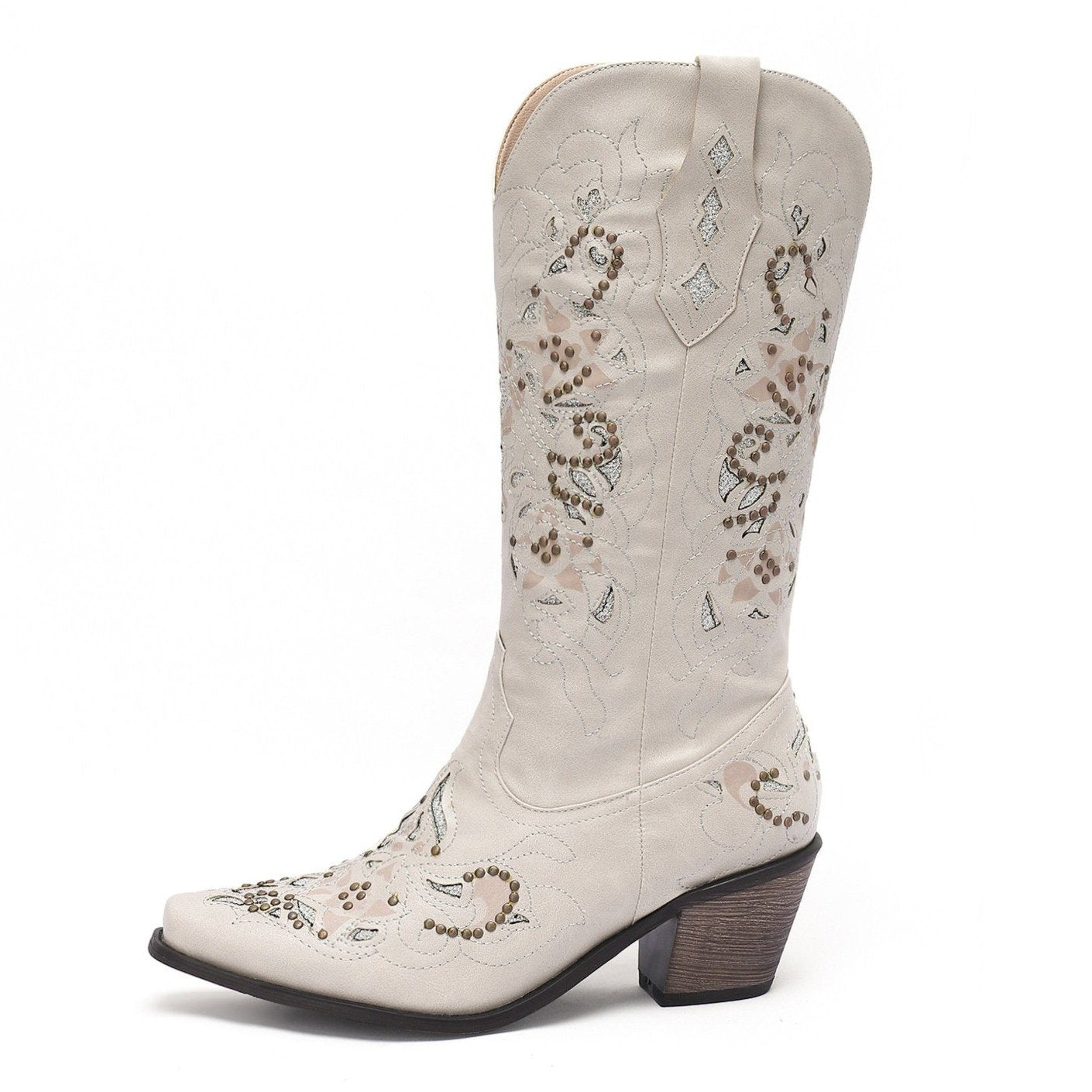 Stylish Women's Chunky Heel Studded Mid Calf Boots