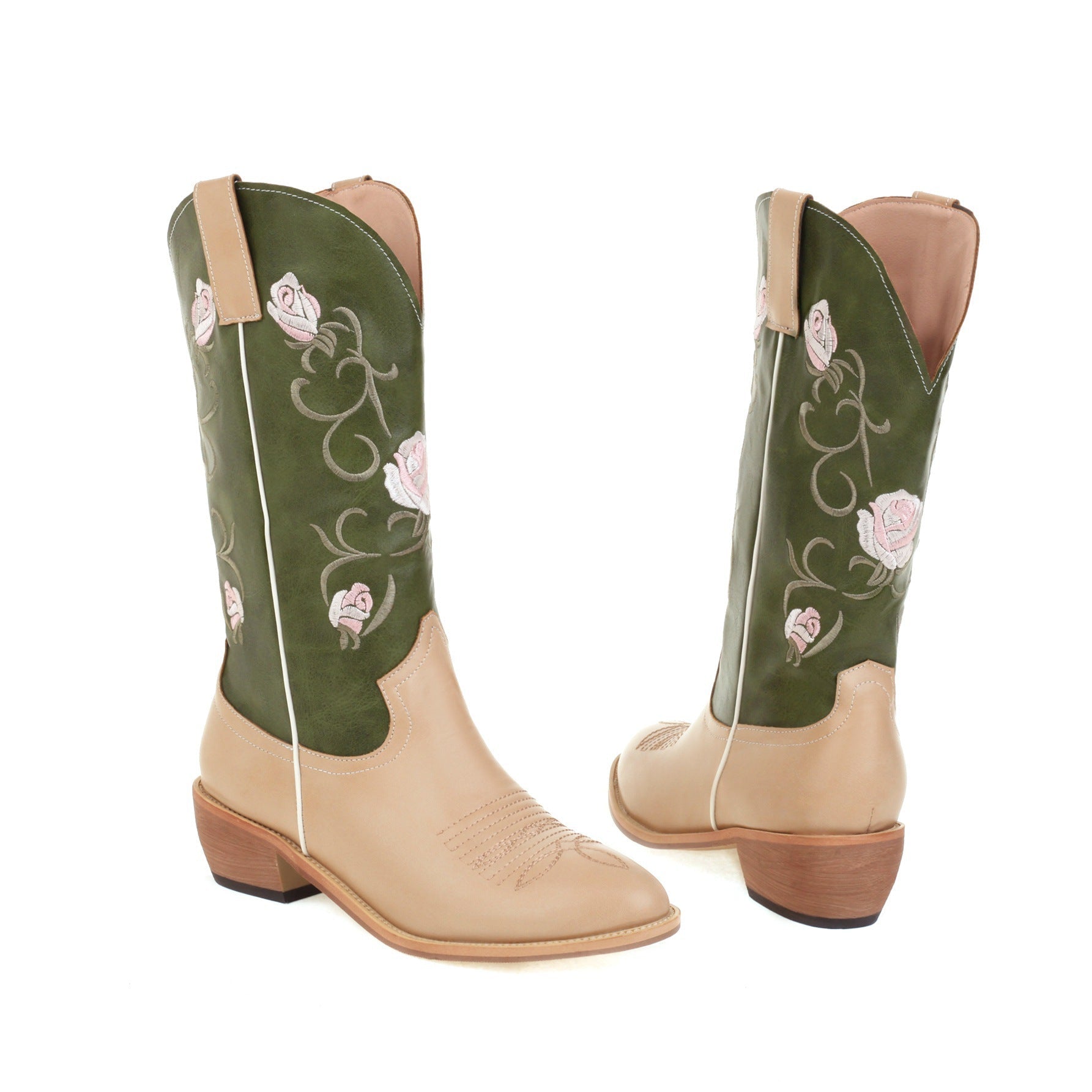 Stylish Women's Embroidered Mid-Calf Boots with Chunky Heel