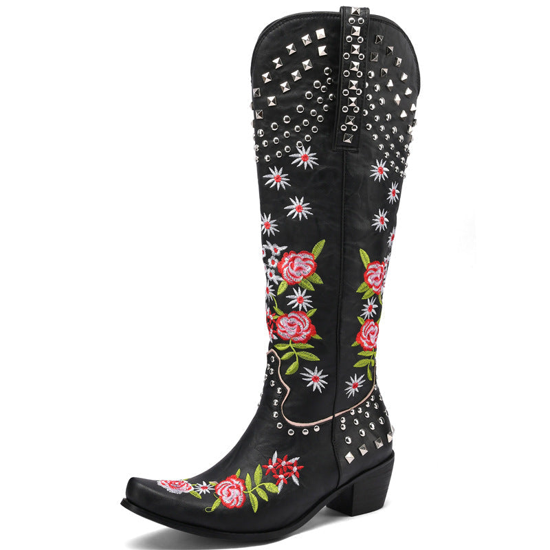 Stylish Women's Embroidered Knee-High Boots with Chunky Heel