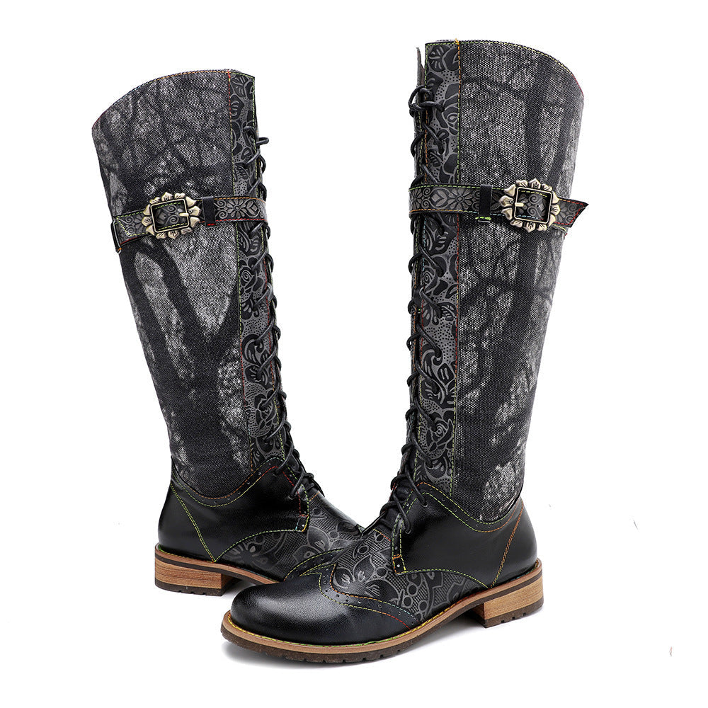 Women's Black Embossed Leather Knee-High Motorcycle Boots
