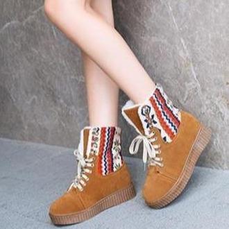 Women's Fashionable Patchwork Snow Boots with Lace-Up Design