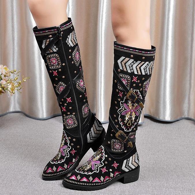 Stylish Women's Embroidered Mid-Calf Boots with Chunky Heel