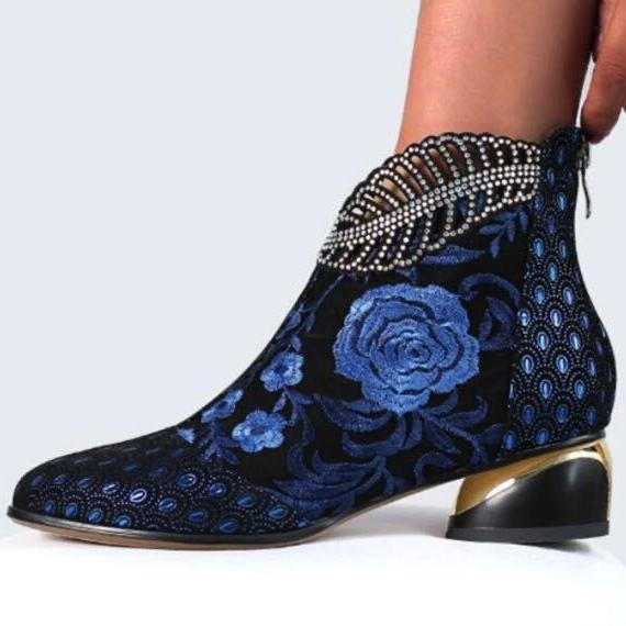 Stylish Women's Embroidered Block Heel Ankle Boots