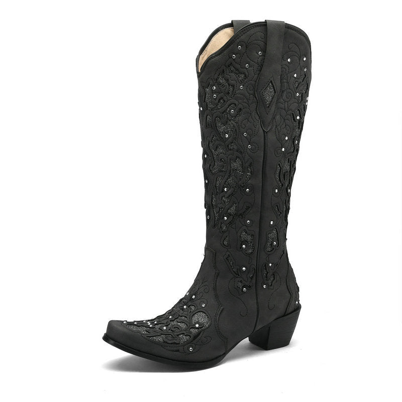 Glamorous Women's Rhinestone Knee-High Boots with Chunky Heel